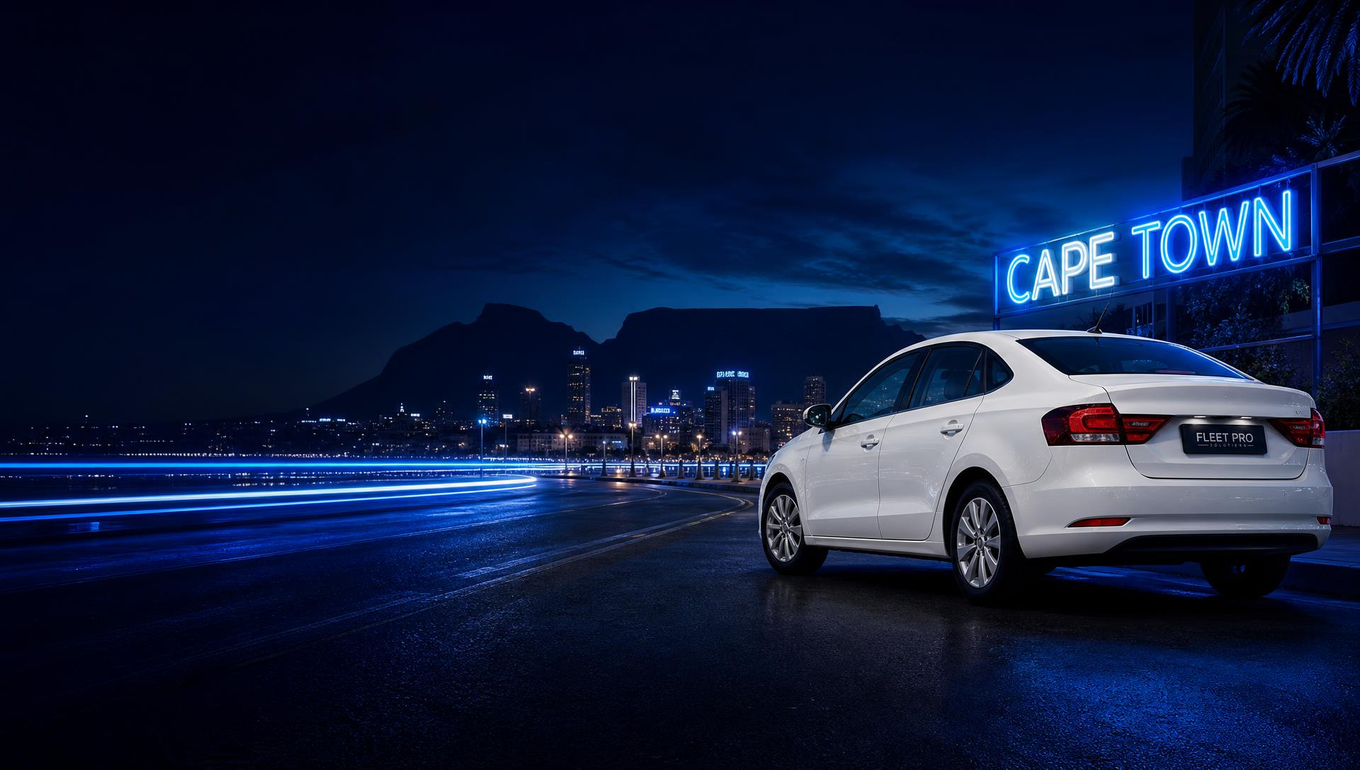 White sedan on a wet Cape Town street at night beneath a green neon Cape Town sign